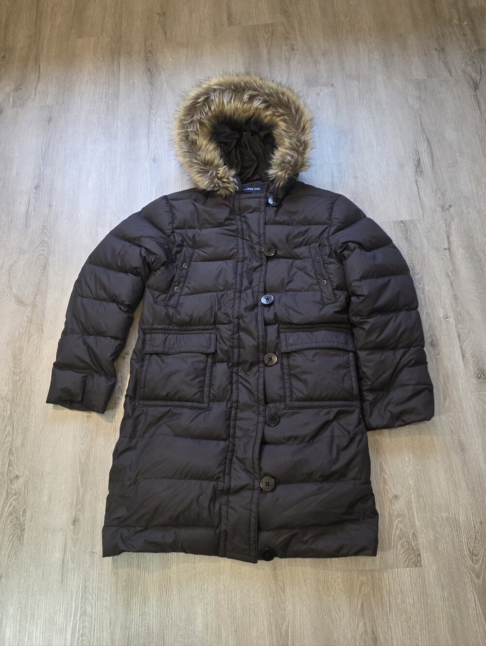 Lands End Women's Goose Down Coat Medium 10/12 Petite Faux Fur Hooded Brown